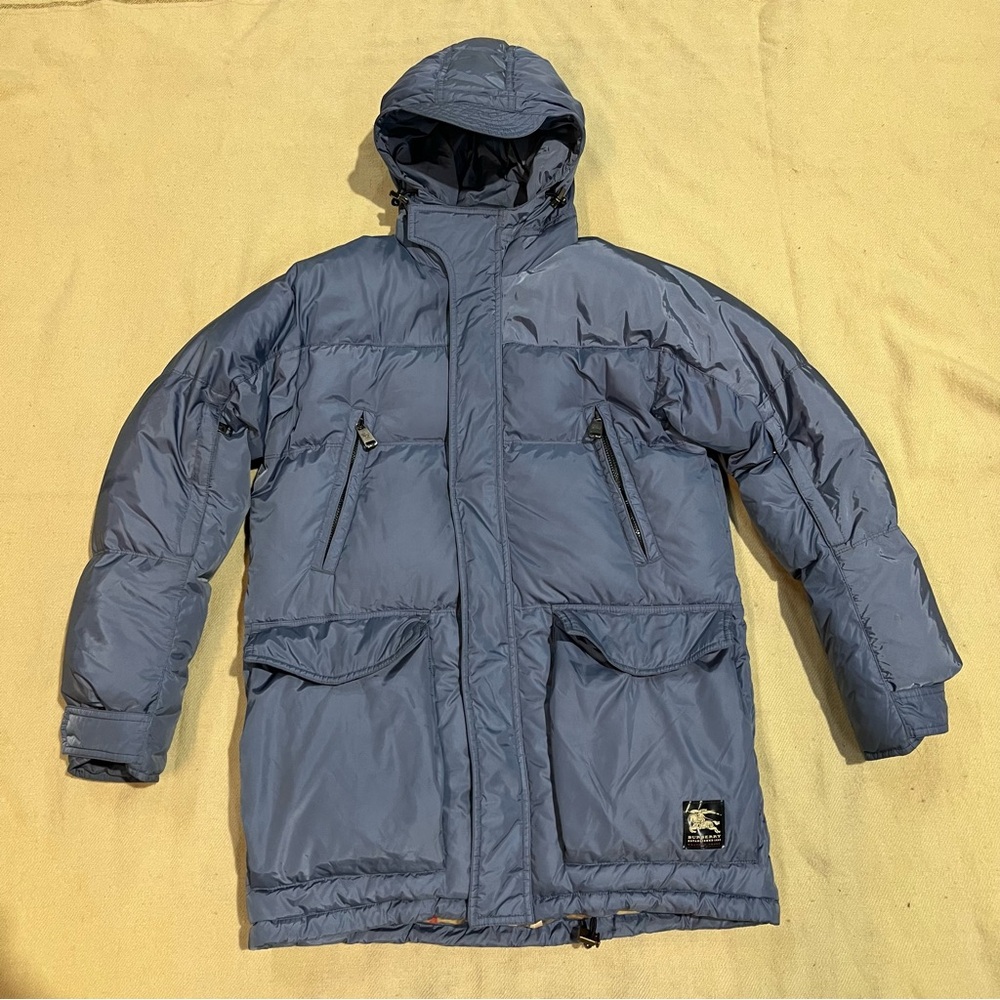 Burberry Pakaian Blue Nylon Down Puffer Jacket Blue Mens Winter Small